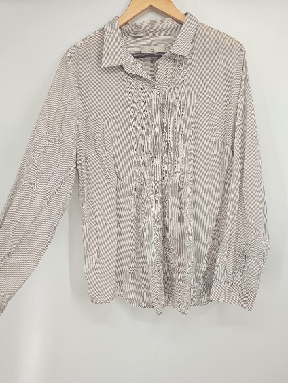 LOFT XXL Beige White Striped Pintuck Cotton Button Down Shirt Coastal